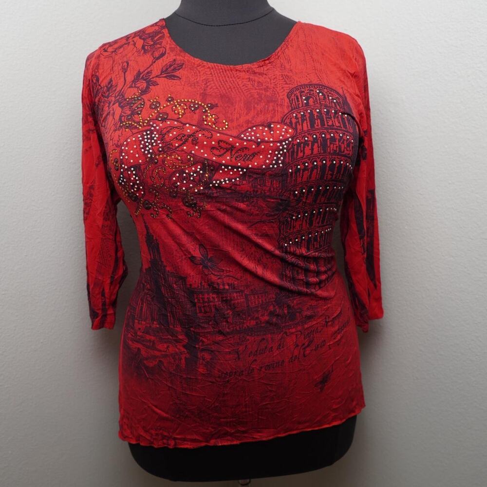 Jostar Italy Graphic Top Red Rhinestone XL